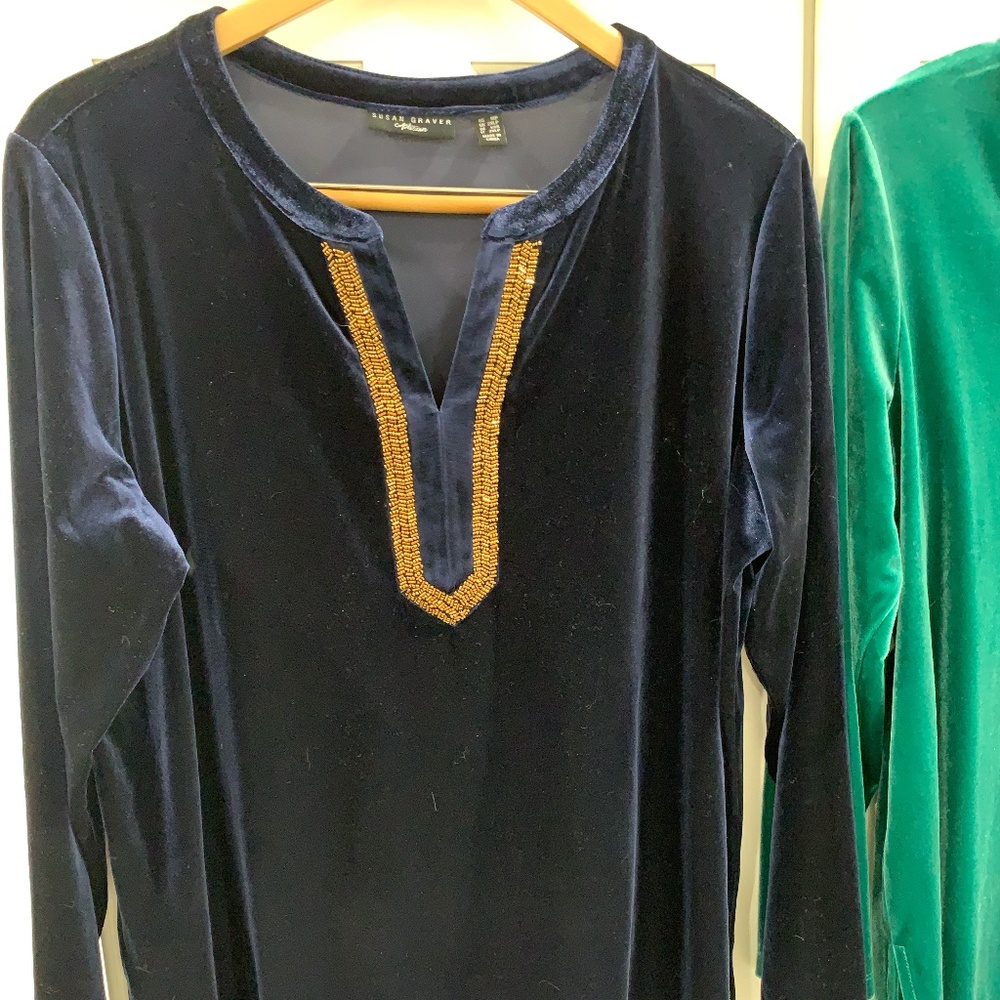 Susan Graver Artisan Velvet Knit Split Neck Tunic Deep Navy 1XP